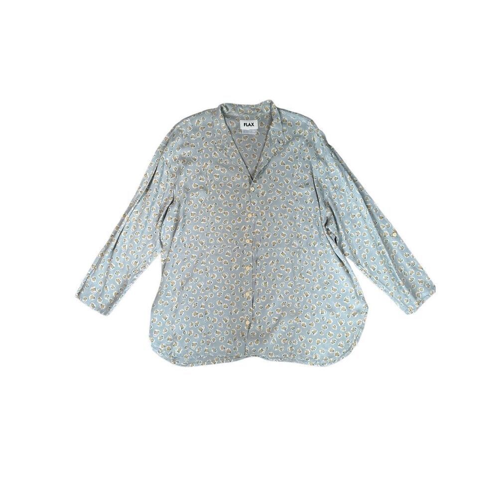 Flax Oversized Button Up Blouse Sheer Rayon Floral Pattern Tunic Blue Women’s M